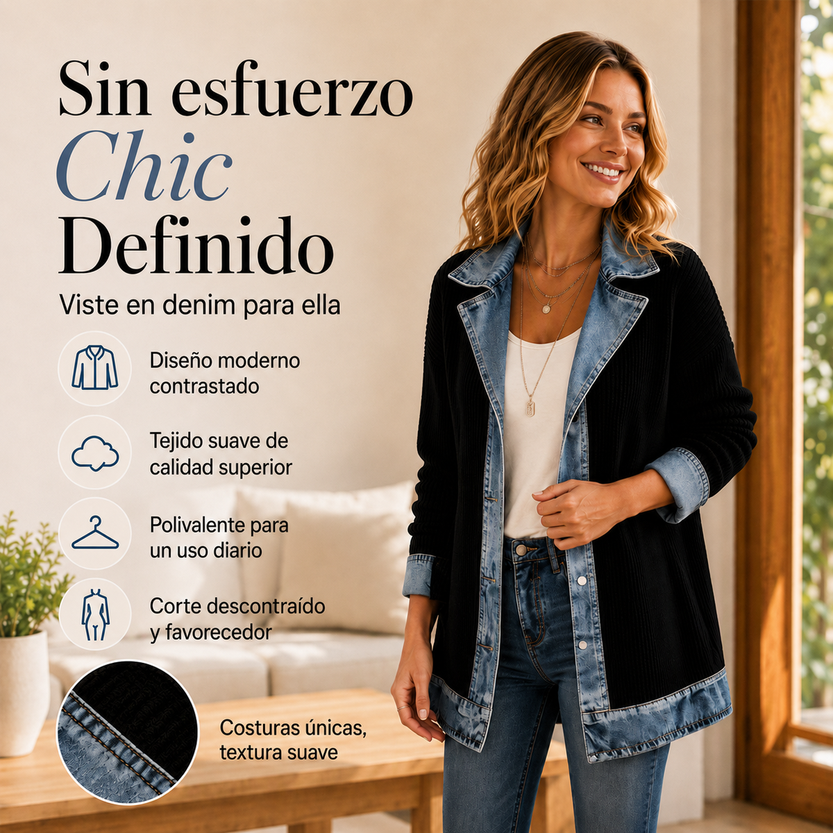 Elegante abrigo de punto acanalado para mujer con inserciones de mezclilla