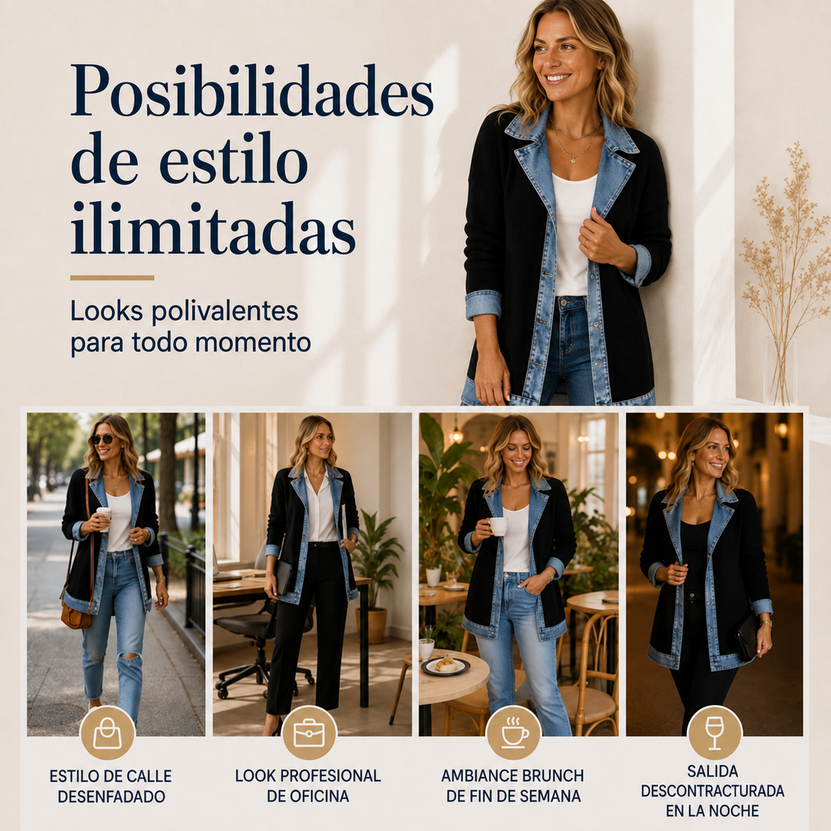 Elegante abrigo de punto acanalado para mujer con inserciones de mezclilla