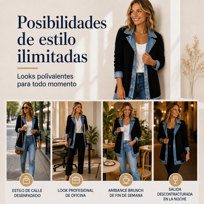 Elegante abrigo de punto acanalado para mujer con inserciones de mezclilla