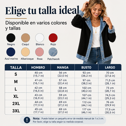 Elegante abrigo de punto acanalado para mujer con inserciones de mezclilla