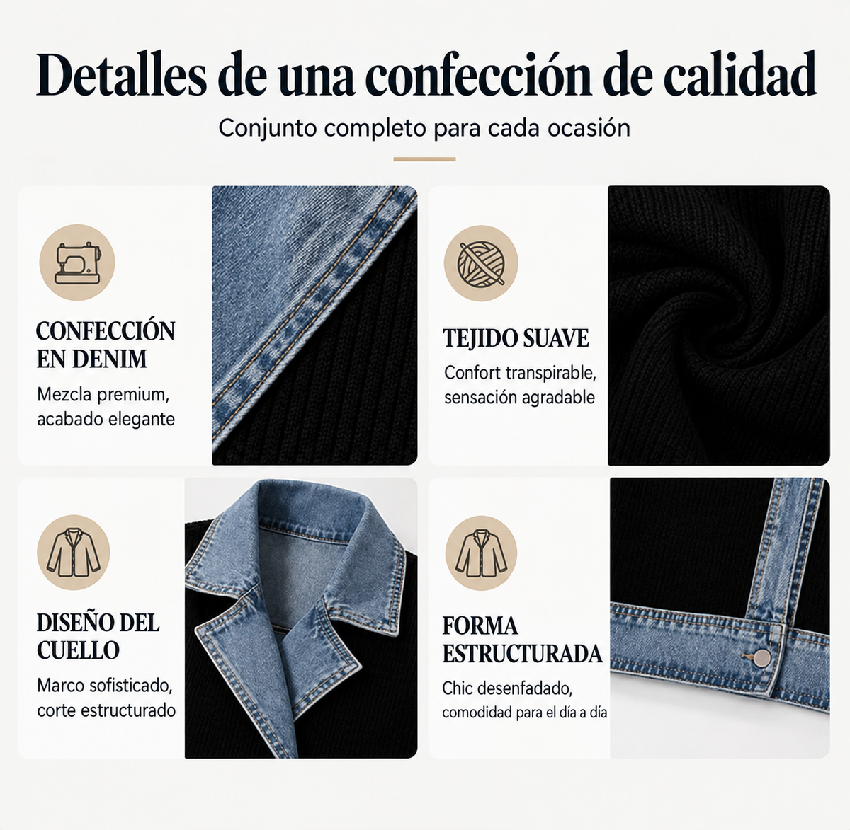 Elegante abrigo de punto acanalado para mujer con inserciones de mezclilla