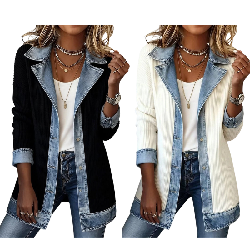 Elegante abrigo de punto acanalado para mujer con inserciones de mezclilla