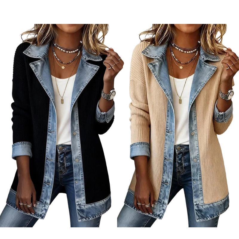 Elegante abrigo de punto acanalado para mujer con inserciones de mezclilla