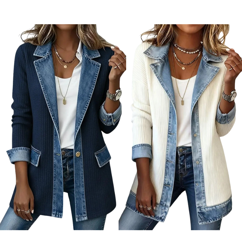 Elegante abrigo de punto acanalado para mujer con inserciones de mezclilla